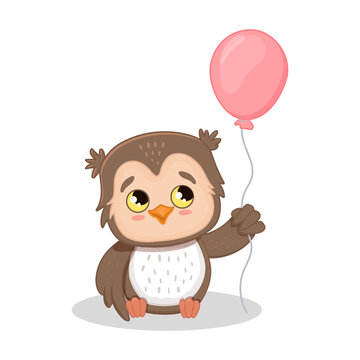 Cute cartoon owl with balloon, Owlet with gift. Birthday card