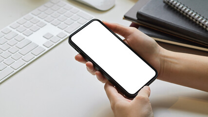 Close-up, Female's hands holding, using modern smart mobile phone