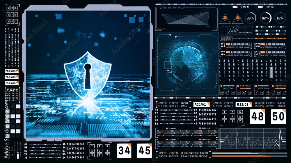Poster hud and shield icon cyber security, digital data network protection, future technology digital data 