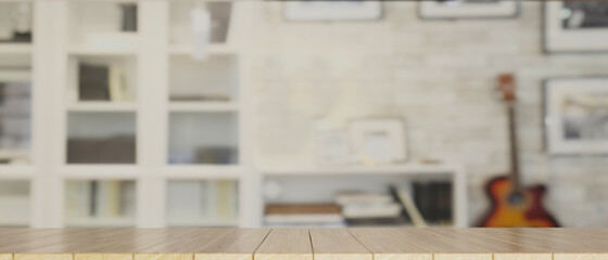 Fototapeta premium Copy space for montage on wooden tabletop over blurred modern living room