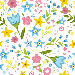 Fototapeta na wymiar Summer seamless pattern. Variety of colorful.flowers and leaves on a white background.