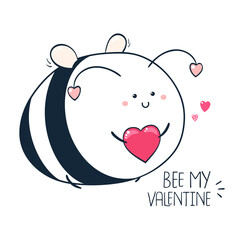 Valentine's day greeting card with cute bee and hearts. Inscription Bee my Valentine. Funny holiday card. Vector illustration EPS8