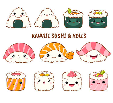 Set of cute sushi and rolls icons in kawaii style with smiling face and pink cheeks. Japanese traditional cuisine dishes. Temaki, chopsticks, nigiri, tamago, uramaki, futomaki. EPS8  