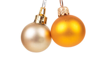 Two Christmas balls on ribbons.