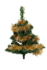 The Christmas tree is decorated with gold tinsel.