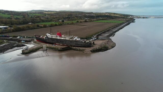Abandoned Vessel of TSS Duke of Lancaster near Mostyn, North Wales - aerial descending