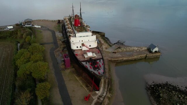 The former railway steamer passenger ship TSS Duke of Lancaster beached near Mostyn Docks in North Wales - aerial shot