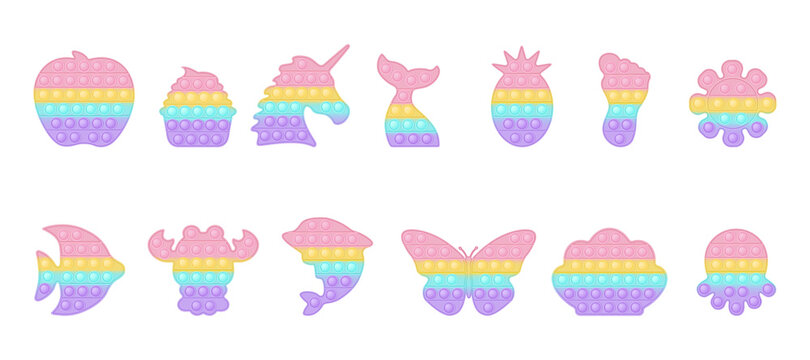 Set of animal and food forms pop it a trendy pastel rainbow fidget toys. Addictive anti stress toy in pastel colors. Bubble sensory fashionable popit for kids. Vector illustration isolated on a white.