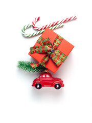 Car, gift, lollipop, candy on a white background.