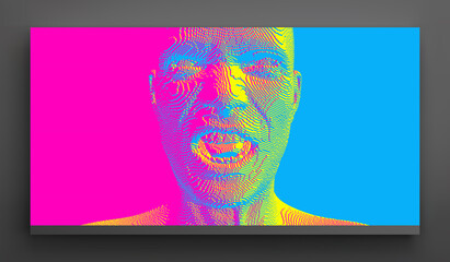 Furious screaming man. Emotional scream of a man with open shouting mouth. Demon face. People and emotions concept. Voxel art. 3D vector illustration.