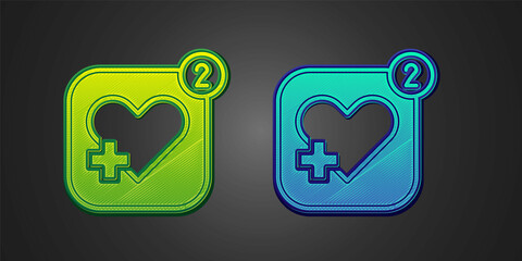 Green and blue Smartphone with heart rate monitor function icon isolated on black background. Vector