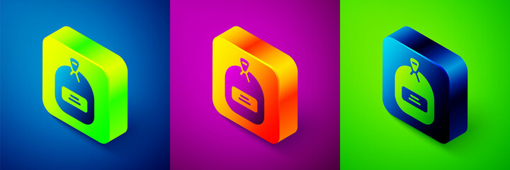 Isometric Pack full of seeds of a specific plant icon isolated on blue, purple and green background. Square button. Vector