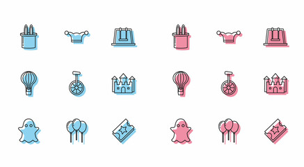Set line Ghost, Balloons with ribbon, Magician hat and rabbit ears, Ticket, Unicycle or one wheel bicycle, Castle, Hot air balloon and Jester bells icon. Vector © Oksana