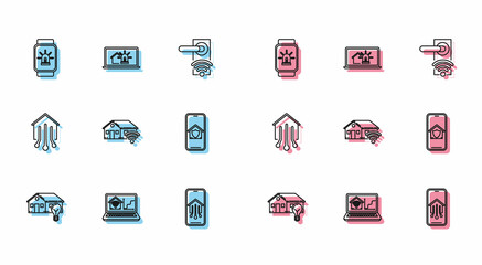 Set line Smart house and light bulb, Laptop with smart home with wi-fi, watch alarm, Mobile phone, under protection, and icon. Vector