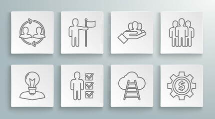 Set line Human head with lamp bulb, Man holding flag, User of business suit, Ladder leading to cloud, Gear dollar symbol, Project team base, Users group and resources icon. Vector