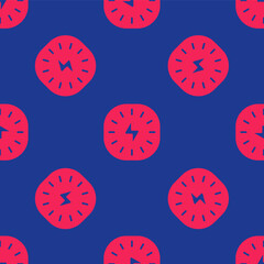 Fototapeta premium Red Lightning bolt icon isolated seamless pattern on blue background. Flash sign. Charge flash icon. Thunder bolt. Lighting strike. Vector