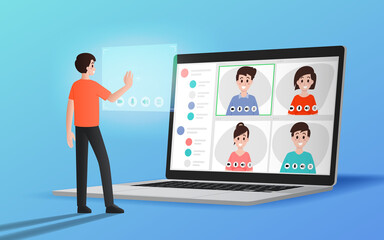 Video conference meeting online illustration flat design concept. People group on computer screen taking with worker. Leader work form home meeting online with employees on laptop screen.
