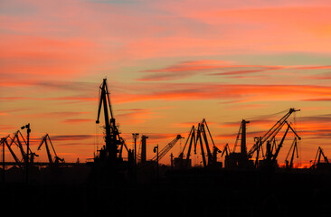 landscape with the silhouettes of cranes from the port of Constanta in the evening - Powered by Adobe