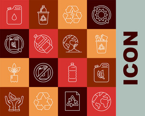 Set line Earth globe, Bio fuel canister, Recycle bin with recycle symbol, Battery, No plastic bottle, Canister for gasoline and and plant icon. Vector