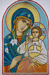 Obraz na płótnie Canvas A mosaic icon representing the mother of the Lord with baby Jesus in her hands at the Zamfira monastery - Romania