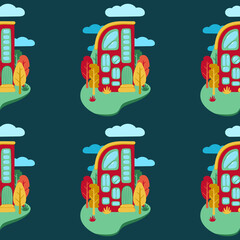 A pattern of multi-colored flat art nouveau houses. House with unusual windows. Colorful landscape with trees and clouds. EPS 10 without transparencies.