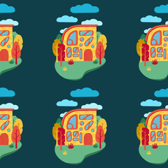 A pattern of multi-colored flat art nouveau houses. House with unusual windows. Colorful landscape with trees and clouds. EPS 10 without transparencies.