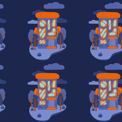 A pattern of multi-colored flat art nouveau houses. House with unusual windows. Colorful landscape with trees and clouds. EPS 10 without transparencies.