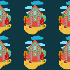 A pattern of multi-colored flat art nouveau houses. House with unusual windows. Colorful landscape with trees and clouds. EPS 10 without transparencies.