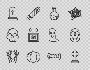 Set line Spider, Tombstone with cross, Bottle potion, Pumpkin, Calendar Halloween date 31 october, Vampire teeth and Skull crossbones icon. Vector