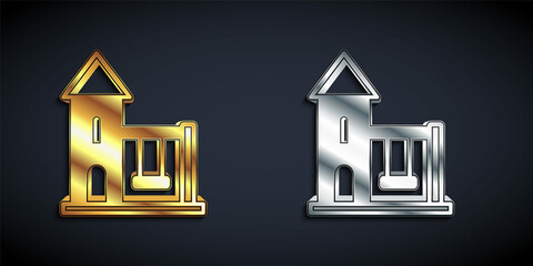 Gold and silver Swing for kids summer games on playground icon isolated on black background. Outdoor entertainment equipment. Long shadow style. Vector
