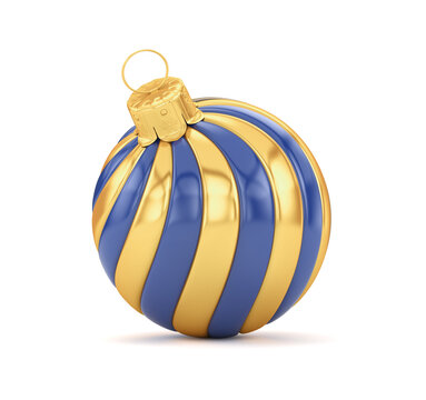 Blue With Gold Christmas Tree Toy Ball Isolated On White Background. 3d Render Illustration.