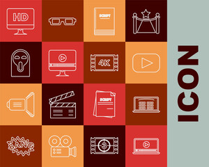 Set line Online play video, Buy cinema ticket online, Play, Scenario, Funny and scary ghost mask, Computer PC monitor with HD technology and 4k movie, tape, frame icon. Vector