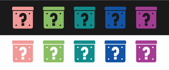 Set Mystery box or random loot box for games icon isolated on black and white background. Question mark. Unknown surprise box. Vector