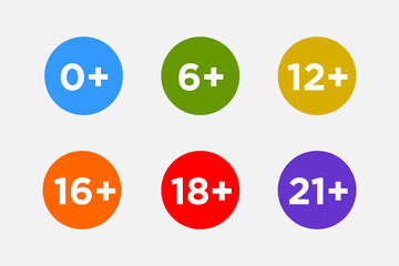 Set marks age limit sing restriction. Vector icons for children censoring content.