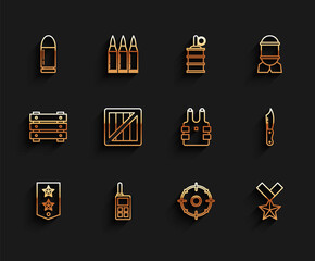 Set line Chevron, Walkie talkie, Bullet, Target sport for shooting competition, Military reward medal, ammunition box, knife and Bulletproof vest protection from bullets icon. Vector
