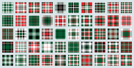 Christmas Pattern seamless of green, red and white vector plaid. Set Holiday background for greeting card, wrapping paper print or winter decor wallpaper.