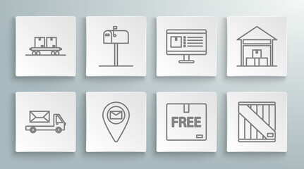 Set line Post truck, Open mail box, Placeholder on map paper, Cardboard with free symbol, Wooden, Computer monitor app delivery tracking, Warehouse and Railway carriage icon. Vector