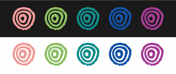 Set Tree rings icon isolated on black and white background. Wooden cross section. Vector