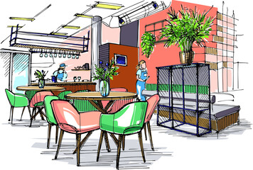 Fototapeta na wymiar View of the cafe interior - hand-drawn sketch