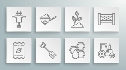 Set line A pack full of seeds of a specific plant, Wheelbarrow with dirt, Garden rake, Honeycomb, Tractor, Sprout, fence wooden and Scarecrow icon. Vector