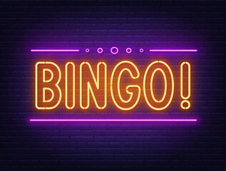 Bingo neon sign on brick wall background.