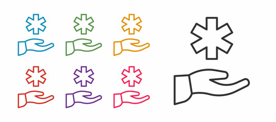 Set line Cross hospital medical icon isolated on white background. First aid. Diagnostics symbol. Medicine and pharmacy sign. Set icons colorful. Vector