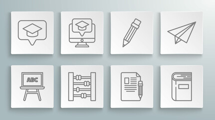 Set line Chalkboard, Monitor with graduation cap, Abacus, Exam sheet and pencil eraser, Book, Pencil, Paper airplane and Graduation in speech bubble icon. Vector