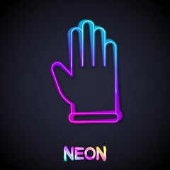 Obraz premium Glowing neon line Rubber gloves icon isolated on black background. Latex hand protection sign. Housework cleaning equipment symbol. Vector