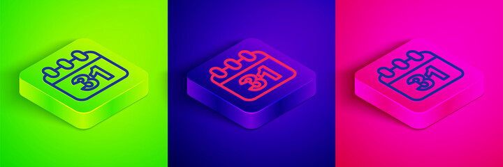 Isometric line Calendar with Halloween date 31 october icon isolated on green, blue and pink background. Happy Halloween party. Square button. Vector