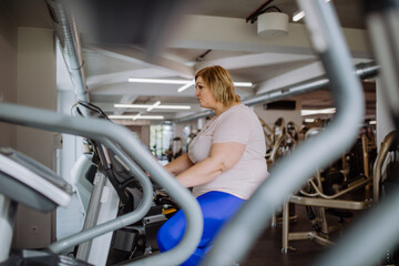 Happy mid adult overweight woman exercising on stepper indoors in gym