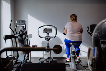 Obraz premium Rear view of mid adult overweight woman exercising on stationary bike indoors in gym