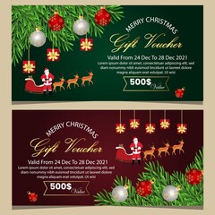 Gift voucher for Christmas sale. Vector illustration with realistic gift boxes, Santa Claus and Christmas balls. 