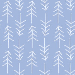 Seamless pattern. White Christmas trees on a blue background. Winter spruce forest. For textile and gift wrapping paper.