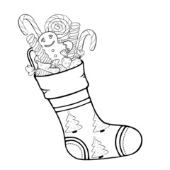 Christmas sock with gifts. Stocking with pattern of Xmas tree on a snow background. Festive decorations: lollipops (lollypops), gingerbread cookies, candies. Vector illustration. Hand drawn. Coloring.